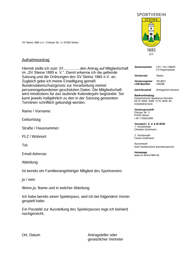 Formular zur Mitgliedschaft beim SV Steina 1885 e.V.