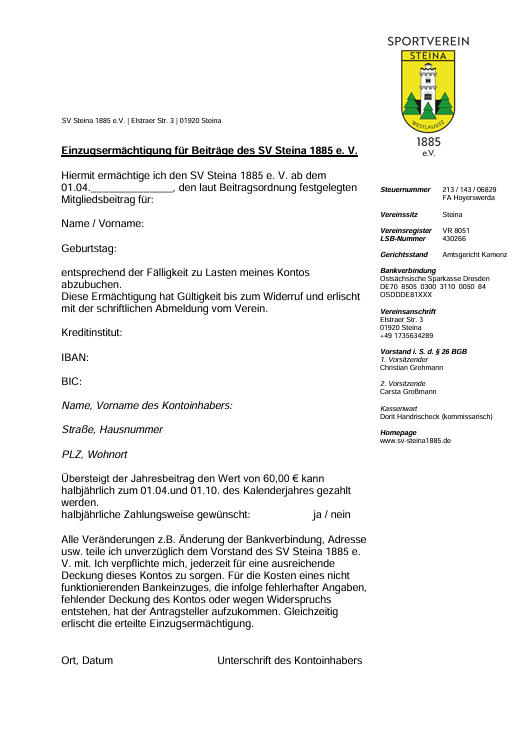 Formular zur Einzugsermächtigung beim SV Steina 1885